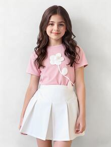 SHEIN Tween Girls Elegant Floral Decor Round Neck Short Sleeve T-Shirt + Solid Color Skirt 2-Piece Set - Pink - View 2