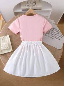 SHEIN Tween Girls Elegant Floral Decor Round Neck Short Sleeve T-Shirt + Solid Color Skirt 2-Piece Set - Pink - View 4
