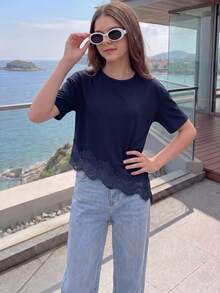 SHEIN Tween Girls Solid Color Lace Patchwork Asymmetrical Hem T-Shirt Summer Casual Outfit Comfortable Daily Minimalist Vacation Cute School Navy Blue - Navy Blue - View 7