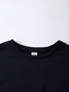 SHEIN Tween Girls Solid Color Lace Patchwork Asymmetrical Hem T-Shirt Summer Casual Outfit Comfortable Daily Minimalist Vacation Cute School Navy Blue - Navy Blue - View 8