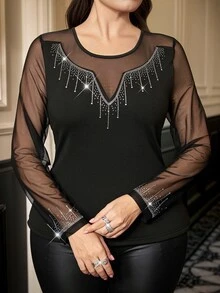 Reflora Plus Size Women's Fashion Shiny Mesh Fitted Top, Suitable For All Seasons Fall - Black - View 7