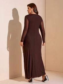 Comfylo Velvet Fabric Waist Knot Slim Fit Plus Size Women Jacquard Dress Fall - Multicolor - View 3