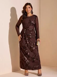 Comfylo Velvet Fabric Waist Knot Slim Fit Plus Size Women Jacquard Dress Fall - Multicolor - View 7