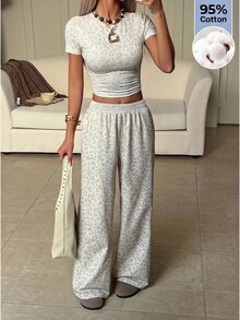 SHEIN EZwear 豹紋針織女款休閒套裝 - 灰色 - 查看 8