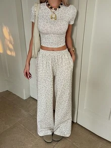 SHEIN EZwear 豹紋針織女款休閒套裝 - 灰色 - 查看 6