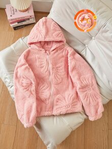 SHEIN 女童加厚外套，休閒可愛牛仔女孩風，百搭學院風，長袖厚實連帽蝴蝶結提花雙面保暖，秋冬款，職業日穿搭 - 粉色 - 查看 4