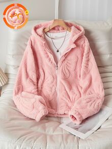SHEIN 女童加厚外套，休閒可愛牛仔女孩風，百搭學院風，長袖厚實連帽蝴蝶結提花雙面保暖，秋冬款，職業日穿搭 - 粉色 - 查看 3