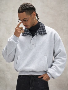 STYNVO Men's Plaid Colorblock Casual Daily Pullover Sweatshirt - Light Grey - View 4