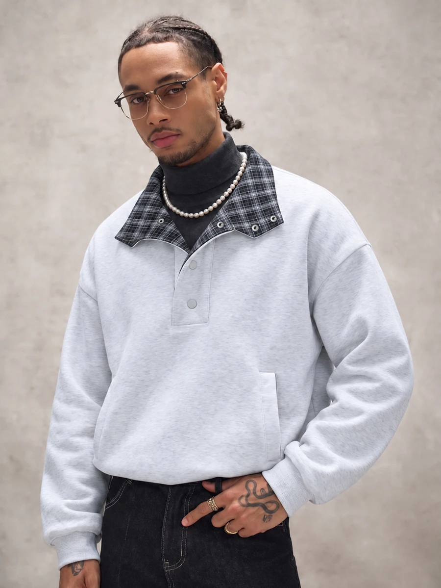 STYNVO Men's Plaid Colorblock Casual Daily Pullover Sweatshirt - Light Grey - View 1