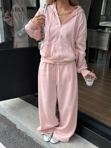 DAZY 女款水鑽長袖連帽衛衣與抽繩腰長褲兩件套休閒居家裝 機場風 嬰兒粉 秋季 Y2K - 粉色 - 查看 4