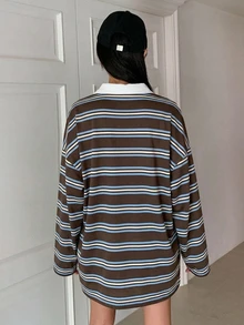 DAZY Women's Striped Loose Fit Button Half Placket Long Sleeve T-Shirt Graphic Tees Cute Tops Oversized T Shirts For Women - Rust Brown - View 6