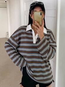 DAZY Women's Striped Loose Fit Button Half Placket Long Sleeve T-Shirt Graphic Tees Cute Tops Oversized T Shirts For Women - Rust Brown - View 2