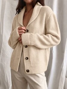 Elouméa 女款慵懶復古針織開襟外套，寬鬆版型，鈕扣設計，卡其色，休閒秋冬服飾，鄉村風外套，節慶現代 2026 優雅款 - 杏色 - 查看 7
