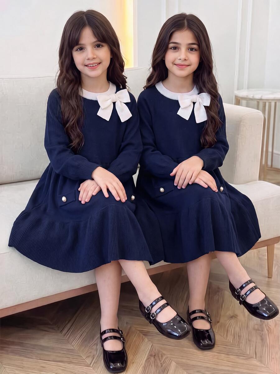 Young Girl Casual Baby Doll Knit Dress With Bow Decor, Autumn/Winter Navy Blue Baby Shower