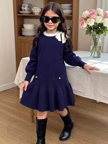 Young Girl Casual Baby Doll Knit Dress With Bow Decor, Autumn/Winter Navy Blue Baby Shower - Navy Blue - View 4