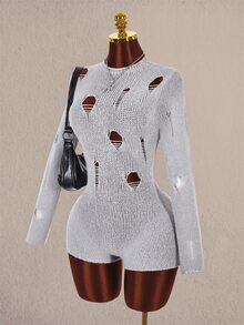 Amplova Women's Sexy Distressed Long Sleeve Sweater Romper - Grey - View 6