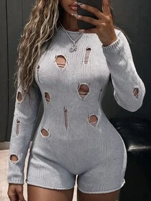 Amplova Women's Sexy Distressed Long Sleeve Sweater Romper - Grey - View 2