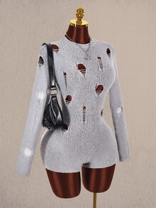 Amplova Women's Sexy Distressed Long Sleeve Sweater Romper - Grey - View 8