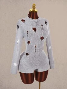 Amplova Women's Sexy Distressed Long Sleeve Sweater Romper - Grey - View 9
