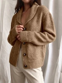 Elouméa 女款慵懶復古針織開襟外套，寬鬆版型，鈕扣設計，卡其色，休閒秋冬服飾，鄉村風大衣，節慶現代 2026 優雅款 - 駝色 - 查看 7
