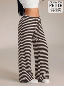 SHEIN PETITE Women's Striped Pattern Drawstring Waist Fashion Casual Long Pants Lounge Brown And White,Wide Leg Pants,Going Out,School Season,Fall/Winter,Petite - Brown - View 12