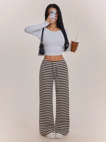 SHEIN PETITE Women's Striped Pattern Drawstring Waist Fashion Casual Long Pants Lounge Brown And White,Wide Leg Pants,Going Out,School Season,Fall/Winter,Petite - Brown - View 7