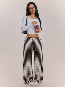 SHEIN PETITE Women's Striped Pattern Drawstring Waist Fashion Casual Long Pants Lounge Brown And White,Wide Leg Pants,Going Out,School Season,Fall/Winter,Petite - Brown - View 6