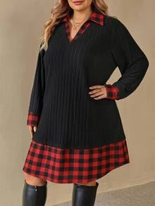 SHEIN CURVE+ 大尺碼聖誕紅色格紋拼接二合一長袖針織洋裝，適合秋冬 - 彩色 - 查看 4