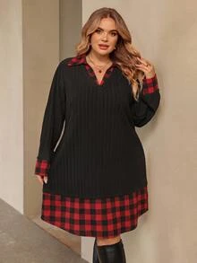 SHEIN CURVE+ 大尺碼聖誕紅色格紋拼接二合一長袖針織洋裝，適合秋冬 - 彩色 - 查看 5