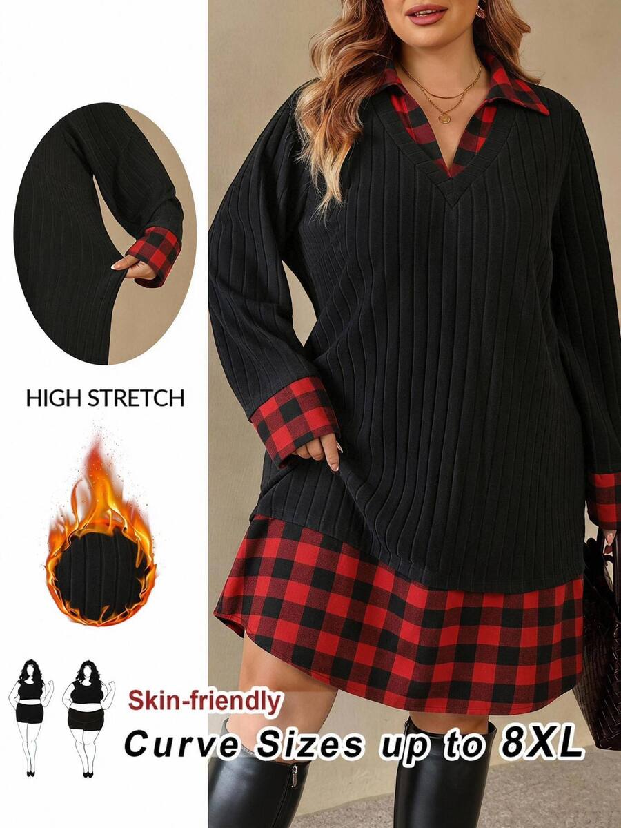 SHEIN CURVE+ Plus SizeChristmas Red Plaid Patchwork 2 In 1 Long Sleeve Knit Dress Winter Fall - Multicolor - View 1
