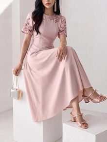Heiryn Women's Summer Floral Embroidery Round Neck Short Puff Sleeve Elegant Mid-Length Dress - Pink - View 11