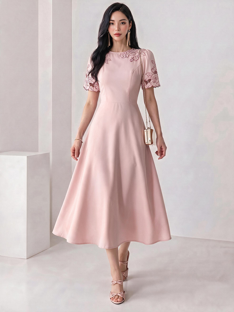 Heiryn Women's Summer Floral Embroidery Round Neck Short Puff Sleeve Elegant Mid-Length Dress - Pink - View 4
