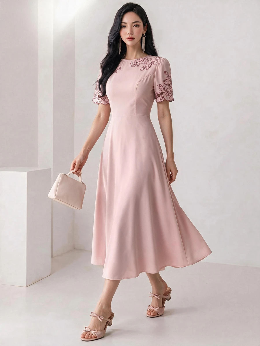 Heiryn Women's Summer Floral Embroidery Round Neck Short Puff Sleeve Elegant Mid-Length Dress