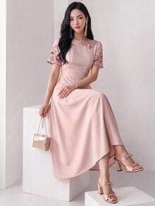 Heiryn Women's Summer Floral Embroidery Round Neck Short Puff Sleeve Elegant Mid-Length Dress - Pink - View 8