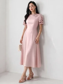 Heiryn Women's Summer Floral Embroidery Round Neck Short Puff Sleeve Elegant Mid-Length Dress - Pink - View 9