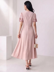 Heiryn Women's Summer Floral Embroidery Round Neck Short Puff Sleeve Elegant Mid-Length Dress - Pink - View 3