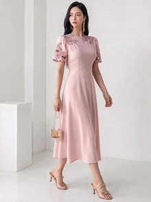 Heiryn Women's Summer Floral Embroidery Round Neck Short Puff Sleeve Elegant Mid-Length Dress - Pink - View 6