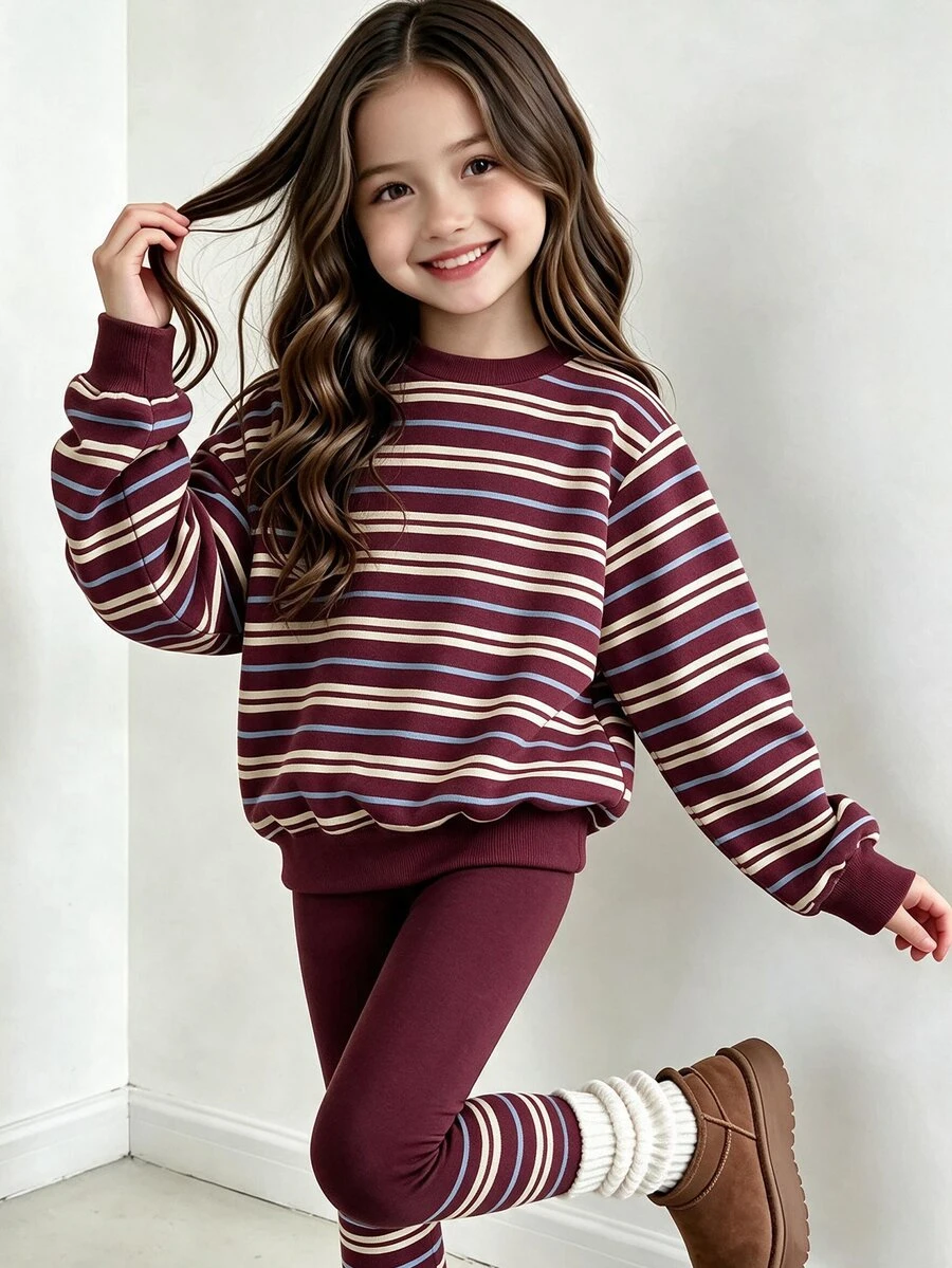 幼女 2 件組 酒紅色條紋圓領套頭運動衫與內搭褲套裝，紅色上衣，冬季穿搭 - 彩色 - 查看 1