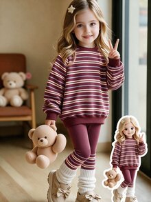 幼女 2 件組 酒紅色條紋圓領套頭運動衫與內搭褲套裝，紅色上衣，冬季穿搭 - 彩色 - 查看 4