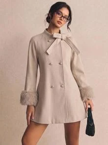 SHEIN Áo khoác ngoài casual cho bé gái tuổi teen, màu mơ, phối màu, lông giả, trang trí nơ - Màu be - Xem 6