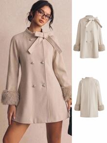 SHEIN Áo khoác ngoài casual cho bé gái tuổi teen, màu mơ, phối màu, lông giả, trang trí nơ - Màu be - Xem 7