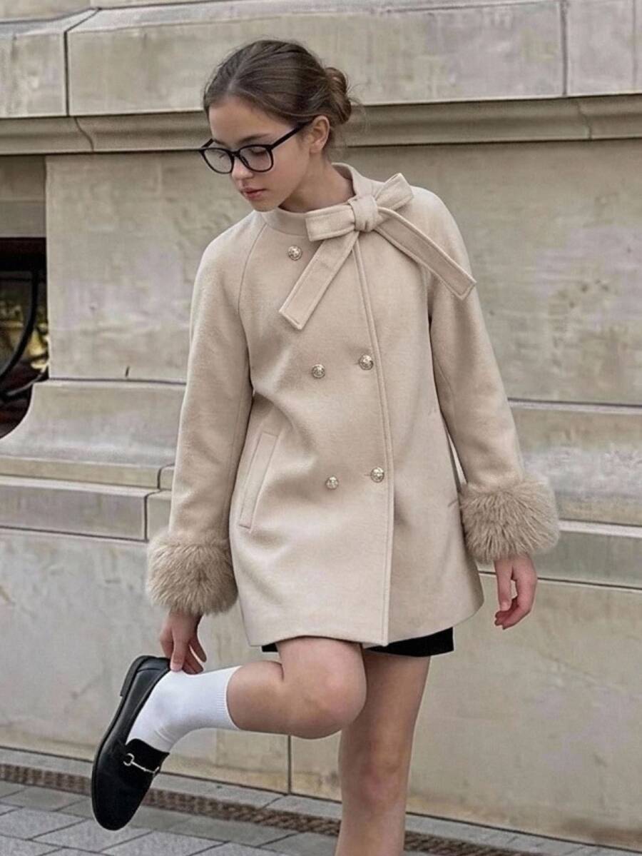 SHEIN Áo khoác ngoài casual cho bé gái tuổi teen, màu mơ, phối màu, lông giả, trang trí nơ - Màu be - Xem 1