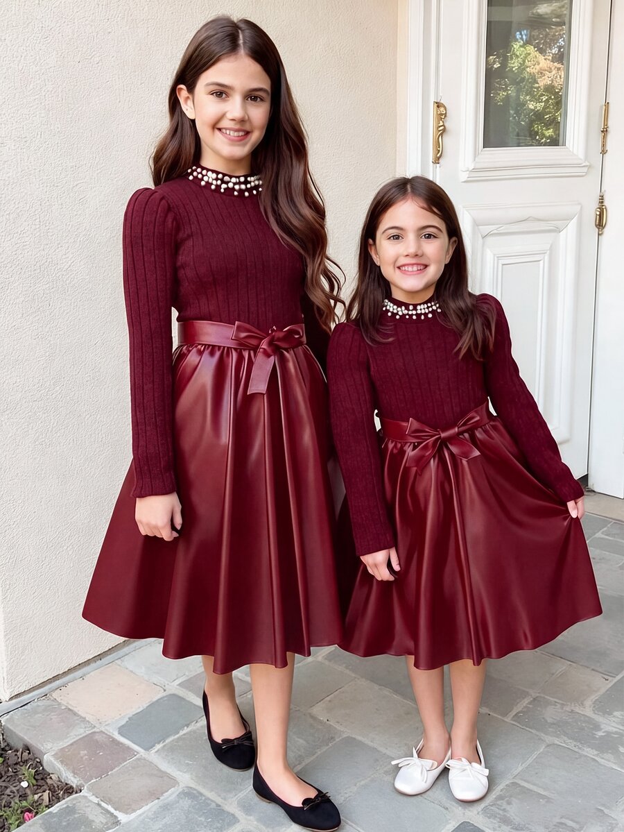SHEIN Tween Girls 1pc Elegant Autumn Evening Party School Prom Mock Neck Pearl Ribbed Knit Patchwork Faux
Leather A-Line Dress With Bow Belt - Burgundy - View 1
