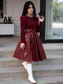 SHEIN Tween Girls 1pc Elegant Autumn Evening Party School Prom Mock Neck Pearl Ribbed Knit Patchwork Faux
Leather A-Line Dress With Bow Belt - Burgundy - View 5