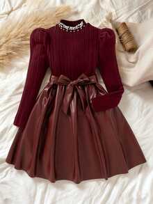 SHEIN Tween Girls 1pc Elegant Autumn Evening Party School Prom Mock Neck Pearl Ribbed Knit Patchwork Faux
Leather A-Line Dress With Bow Belt - Burgundy - View 4
