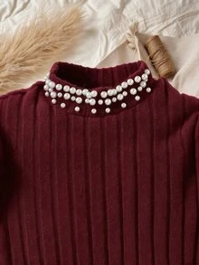 SHEIN Tween Girls 1pc Elegant Autumn Evening Party School Prom Mock Neck Pearl Ribbed Knit Patchwork Faux
Leather A-Line Dress With Bow Belt - Burgundy - View 7