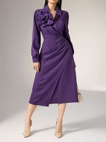 Heiryn 3D Floral V-Neck Long Sleeve Dress For Women - Purple - View 7