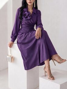 Heiryn 3D Floral V-Neck Long Sleeve Dress For Women - Purple - View 5