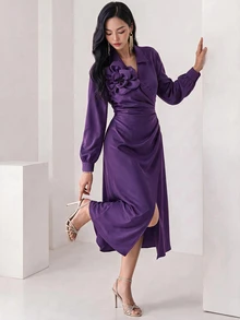 Heiryn 3D Floral V-Neck Long Sleeve Dress For Women - Purple - View 6