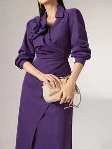 Heiryn 3D Floral V-Neck Long Sleeve Dress For Women - Purple - View 10